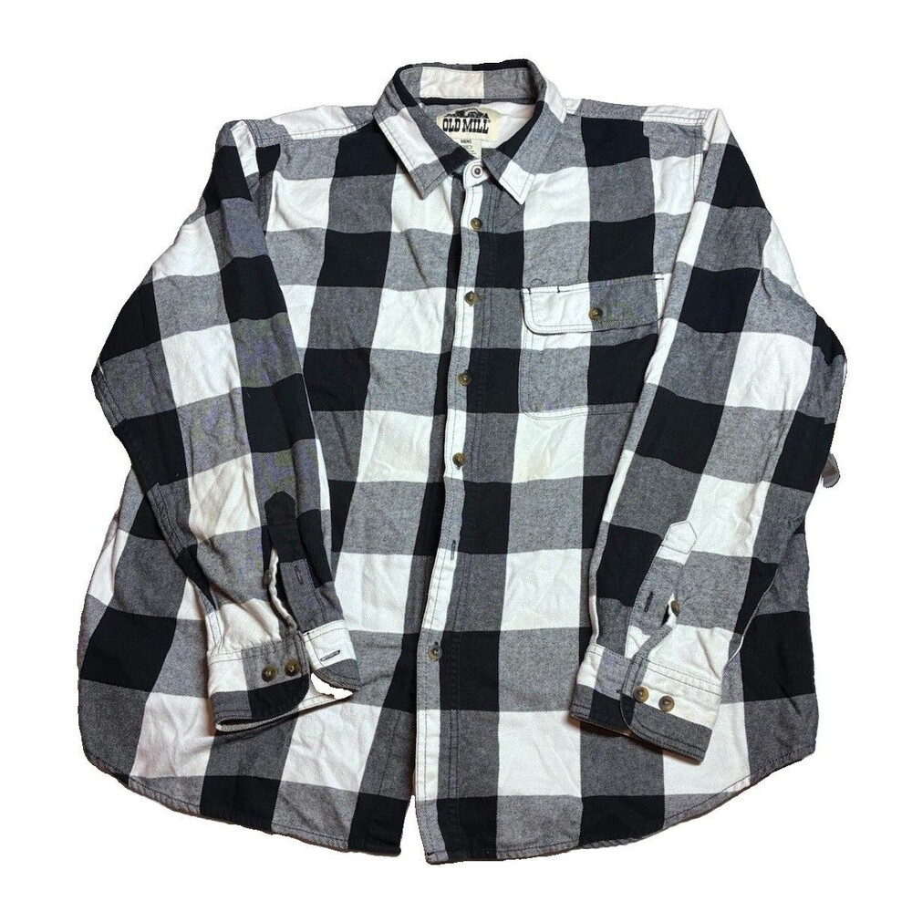 Old Mill Men’s Sz 2XL Black White Plaid Flannel Button Up buffalo check